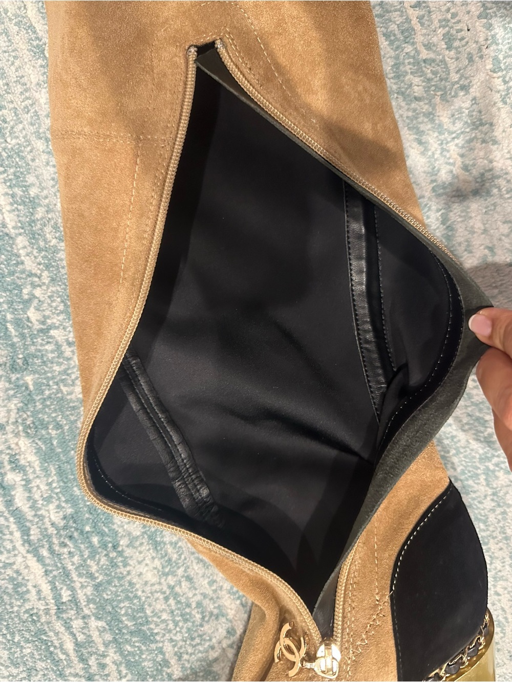 CHANEL Tan Suede Over-the-Knee Boots with Black Accents and Gold Block Heel - Picture 12 of 16